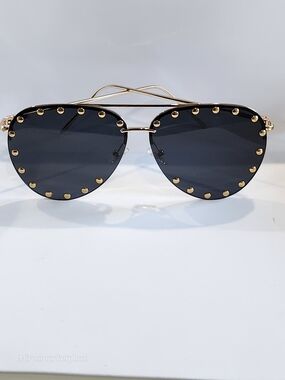 Gold-Trim Black Lens Aviator Sunglasses